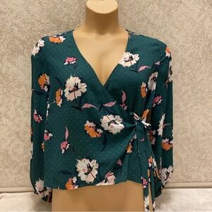 Express Multicolored Floral Polka Dot Wrap Blouse